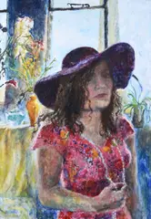 Sarah Longley, Self Portrait With Beads, Oil on Board