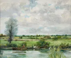 Jack Cudworth, Rowing Along the River, Oil on Board