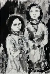 James MacIntyre, Two Little Girls, Pen and Ink. This is a study for 'Tinker Girls' in Ulster Museum Collection.