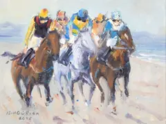 Bill O'Brien, Horse Racing at Laytown, Oil on Board