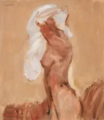 David Johnston, Woman Drying Her Hair, Oil on Board