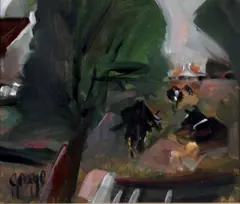 George Dunne, Cows in a Field, Oil on Board