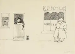 Hector McDonnell, Markey Outside O'Boyles Pub, Pen and Ink Drawing