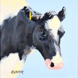 Ronald Keefer, Cow on Blue, Oil on Board