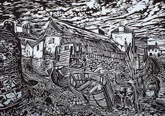 Samuel Black, Cornish Village #18/50, wood block on paper