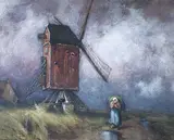 Georges Chavignaud, Untitled - Lady walking by a Windmill, 1899, watercolour on paper