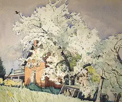 Untitled - House and Orchard by Thomas Garland Greene, watercolour on paper board, sold Nov 1994