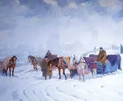 John Douglas Lawley, Sleighs on Mount Royale, 1949, oil on canvas board