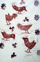 Five Chicks by Janet Mitchell, 1968, wood block on paper, sold Nov 1994