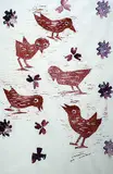 Janet Mitchell, Five Chicks, 1968, wood block on paper