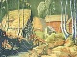 Margaret Shelton, Homestead at Revelstoke #56/100, 1942, lino block in eight colours on paper
