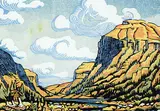 Margaret Shelton, Devil's Gap, Lake Minnewanka #65/200, 1952, lino block in five colours on paper