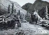 Margaret Shelton, The Fraser Canyon #36/50, 1943, lino block on paper