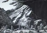 Margaret Shelton, Last Peak at Exshaw #26/50, 1944, lino block on paper
