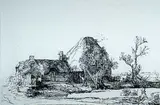 Harmensz Van Ryn Rembrandt, Cottages and Farm Buildings with a Man Sketching, 1645, etching on paper