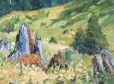 Stuart Clifford Shaw, Untitled - Landscape with Tree Trunks, oil on paper board