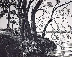 River Bank by William Frederick George Godfrey, wood block on paper, sold Apr 1994