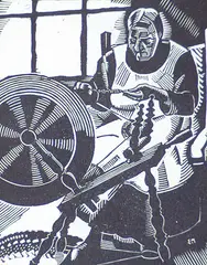 The Spinning Wheel by Edwin Holgate, 1927, wood block on paper, sold Apr 1994