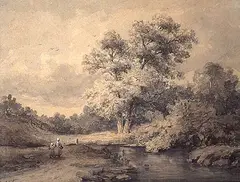 Willem Roelofs, Untitled - Mother and Child on a Road by a Stream, 1849, ink and watercolour on paper