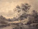 Willem Roelofs, Untitled - Mother and Child on a Road by a Stream, 1849, ink and watercolour on paper