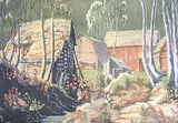 Margaret Shelton, Homestead at Revelstoke, 1942, lino block in eight colours on paper