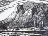 Margaret Shelton, Sawback Range, Mount Ishbel #1/50, 1942, lino block on tissue paper