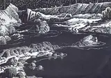 Margaret Shelton, Thomson River Near Lytton, B.C. #6/50, 1943, lino block on paper