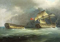 Untitled - A British Warship with a Dutch Hulk in Tow by James Miller Huggins, 1831, oil on canvas, sold Nov 1993