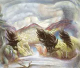 Untitled - Lyrical Landscape by Lawrence Arthur Colley Panton, mixed media on masonite, sold Nov 1993