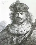 Harmensz Van Ryn Rembrandt, Self Portrait with Raised Sabre, 1634, etching on paper