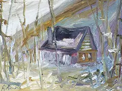 René Richard, Untitled - Landscape with Cabin, oil on masonite