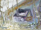 René Richard, Untitled - Landscape with Cabin, oil on masonite
