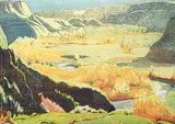Margaret Shelton, Rosebud Valley #12/25, 1942, colour lino block on paper