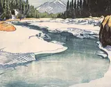 Margaret Shelton, Spray River and Goat Mountain #105/130, 1943, colour lino block on paper