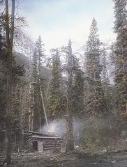 George Noble, Trappers Shack, hand-coloured black and white photograph