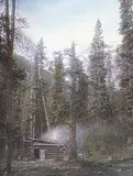 George Noble, Trappers Shack, hand-coloured black and white photograph