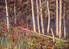 Trees and Fireweed by William Duma, oil on masonite, sold Apr 1993