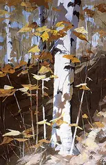 Ronald N. Okey, Hillside Birches, acrylic on masonite
