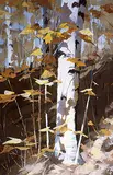 Ronald N. Okey, Hillside Birches, acrylic on masonite
