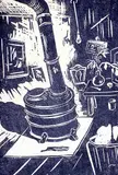 Dorothy Henzell Willis, ... The Studio Stove, lino block on paper