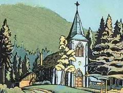 Saint Georges Church, Banff #198/200 by Margaret Shelton, 1944, lino block in six colours on paper, sold Oct 1992