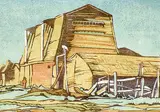 Barn at Taber #10/25 by Margaret Shelton, 1941, colour lino block on paper, sold Oct 1992