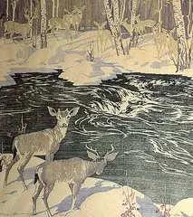 Deer, Kananaskis #21/100 by A.C. and Barbara Leighton - Barleigh, colour wood block on paper, sold Oct 1992