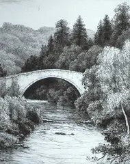 John Fullwood, Brig o'Doon - River Dochart, etching on paper