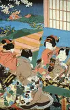 Untitled - Four Seated Figures by Utagawa Kunisada I (Toyokuni III), colour wood block on paper, sold Oct 1992