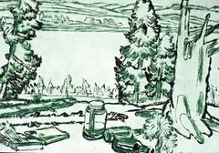 Painting Place / Hilltop by David Brown Milne, 1931, colour drypoint on paper, sold Oct 1992