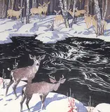 A.C. and Barbara Leighton - Barleigh, Deer, Kananaskis #50/100, colour wood block on paper