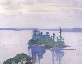 Walter J. Phillips, Cathcart's Island, Muskoka #60, 1927, colour wood block on paper