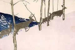 Deer on Hillside by Walter J. Phillips, 1948, colour wood block on paper, sold Jan 1992