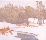 Walter J. Phillips, The Stream in Winter [Open Water], 1935, colour wood block on paper